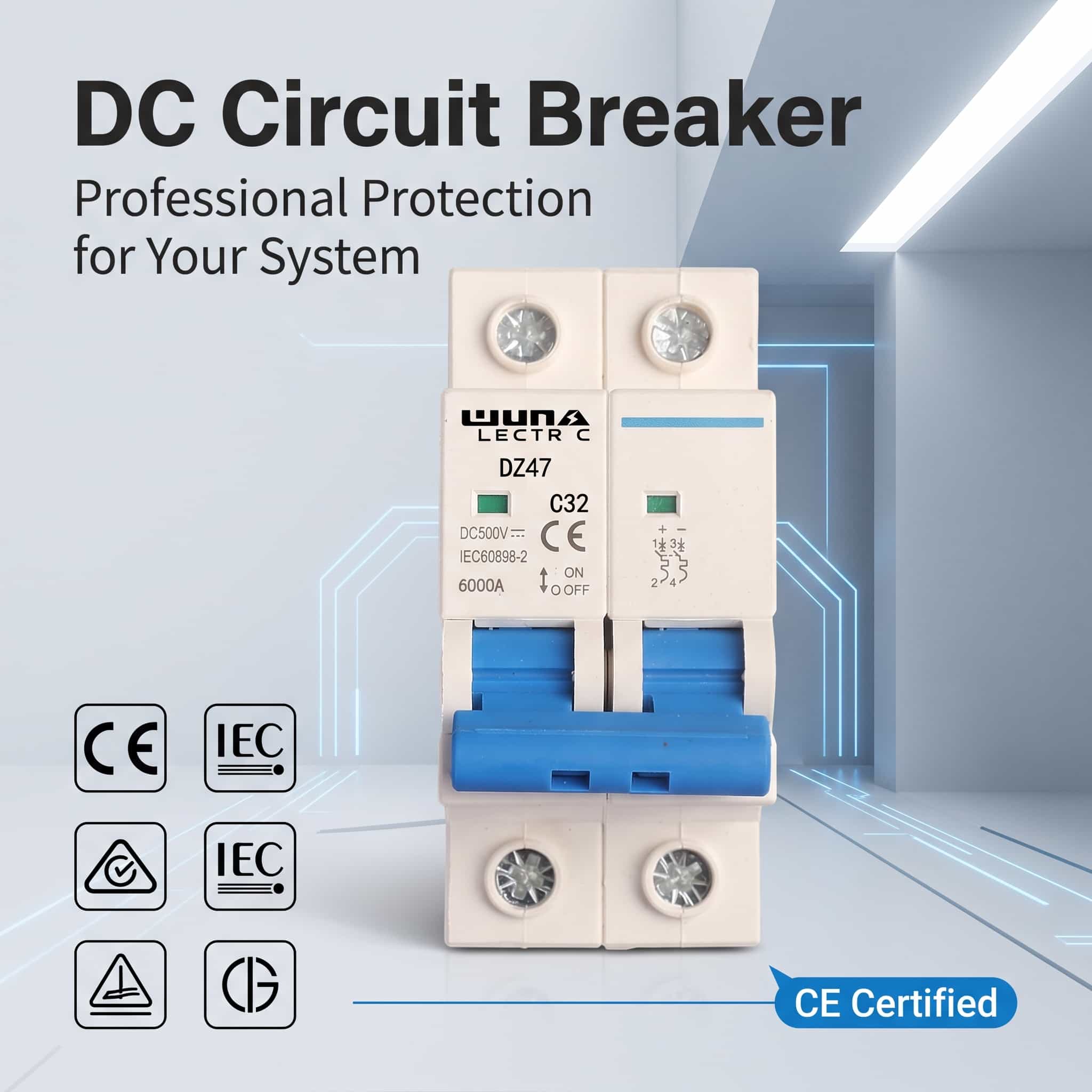 2 পোল ডিসি মিনিয়েচার সার্কিট ব্রেকার DZ47 C32 500V